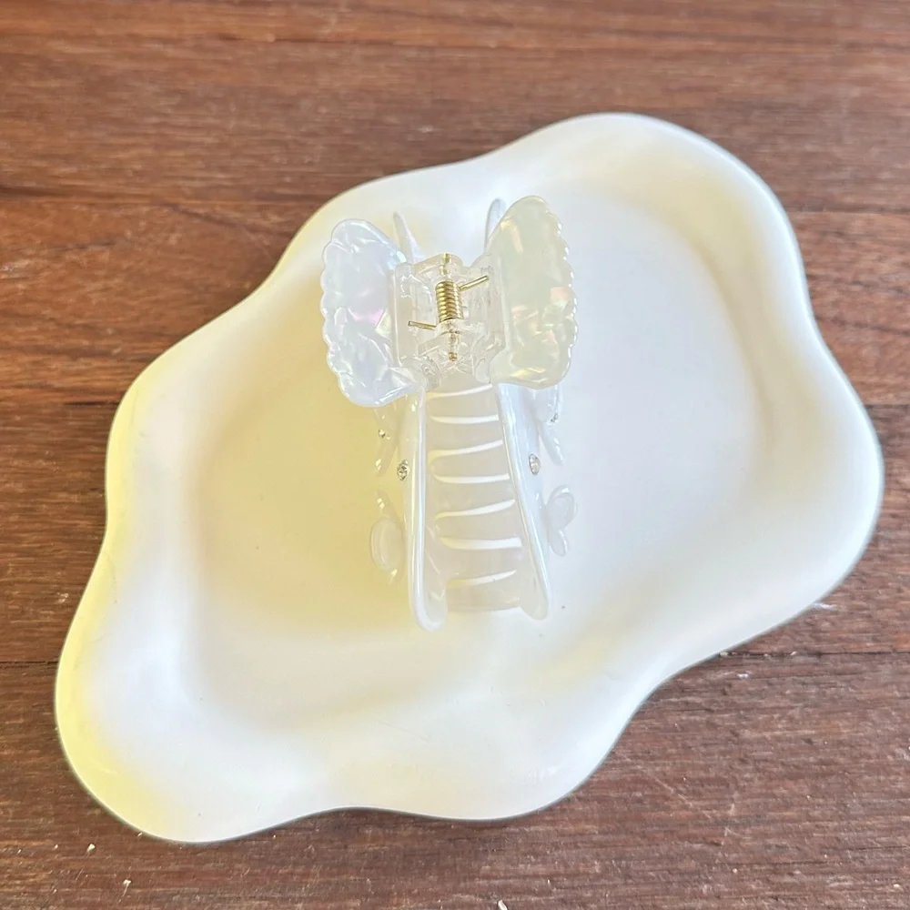 Opal White Pearl Hair Claw Clip Floral Clear Rhinestone Coquette Bridal 3.5”